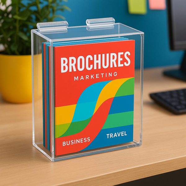 Clear acrylic brochure holder with flat lid and brochures inside, displayed on an office desk