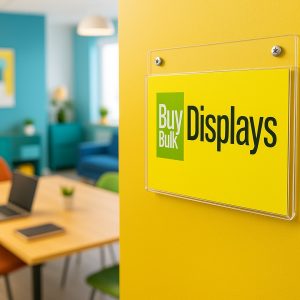 Clear folded acrylic wall-mount sign holder with two screw holes, displaying a Buy Bulk Displays insert in an office setting.