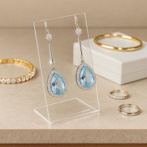 Clear acrylic earring holder with notches, displaying blue teardrop earrings on a jewelry counter with rings and bracelets in the background