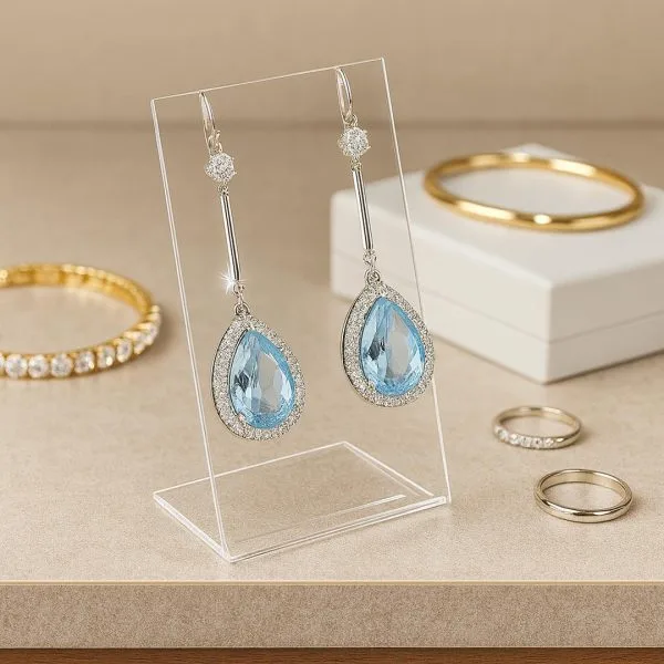 Clear acrylic earring holder with notches, displaying blue teardrop earrings on a jewelry counter with rings and bracelets in the background